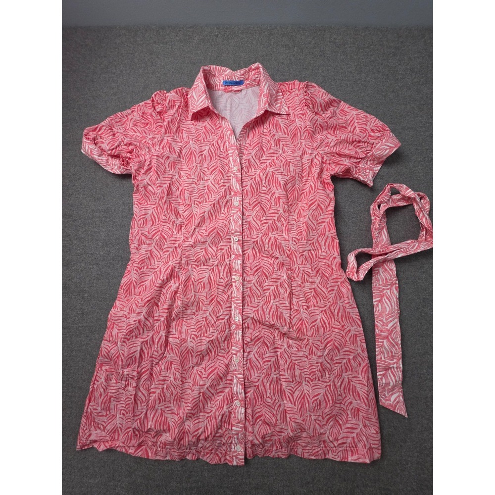 J. McLaughlin Mini‎ Shirt Dress Womens Pink Palm Leaf Short Sleeve Button Front